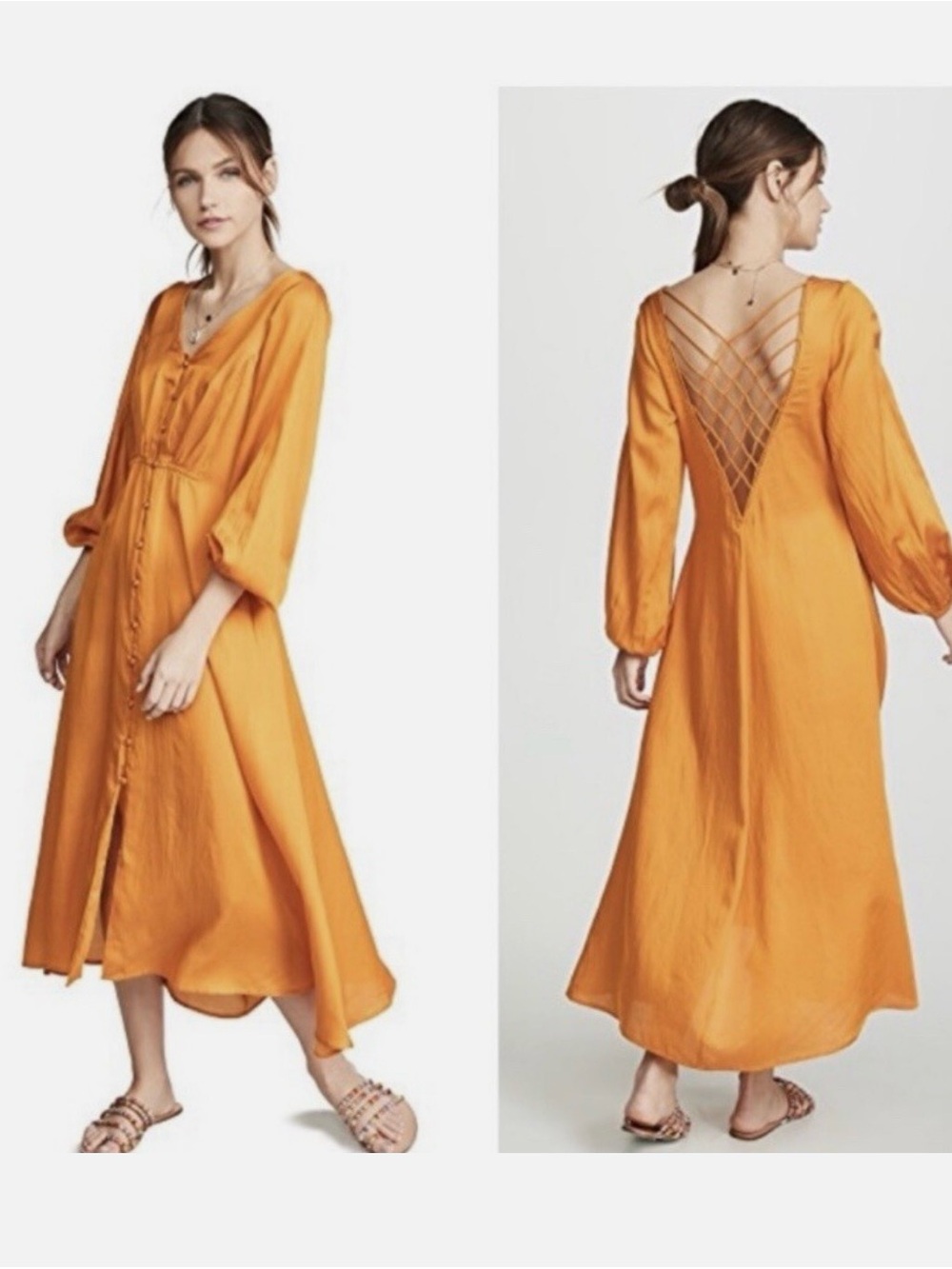 Free People Sunset Orange Lattice-Back Button Midi Dress